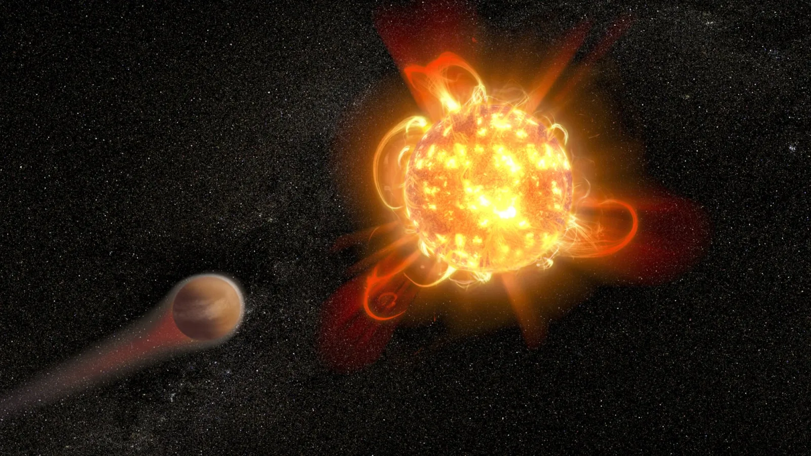 Ilustração artística de uma estrela anã vermelha com uma erupção