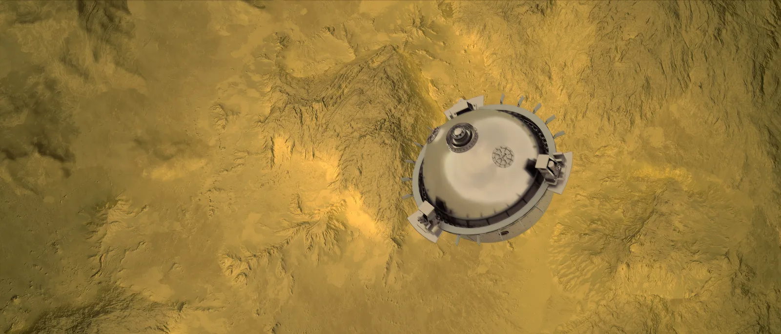Concepção artística da sonda DAVINCI descendo pela atmosfera de Vênus