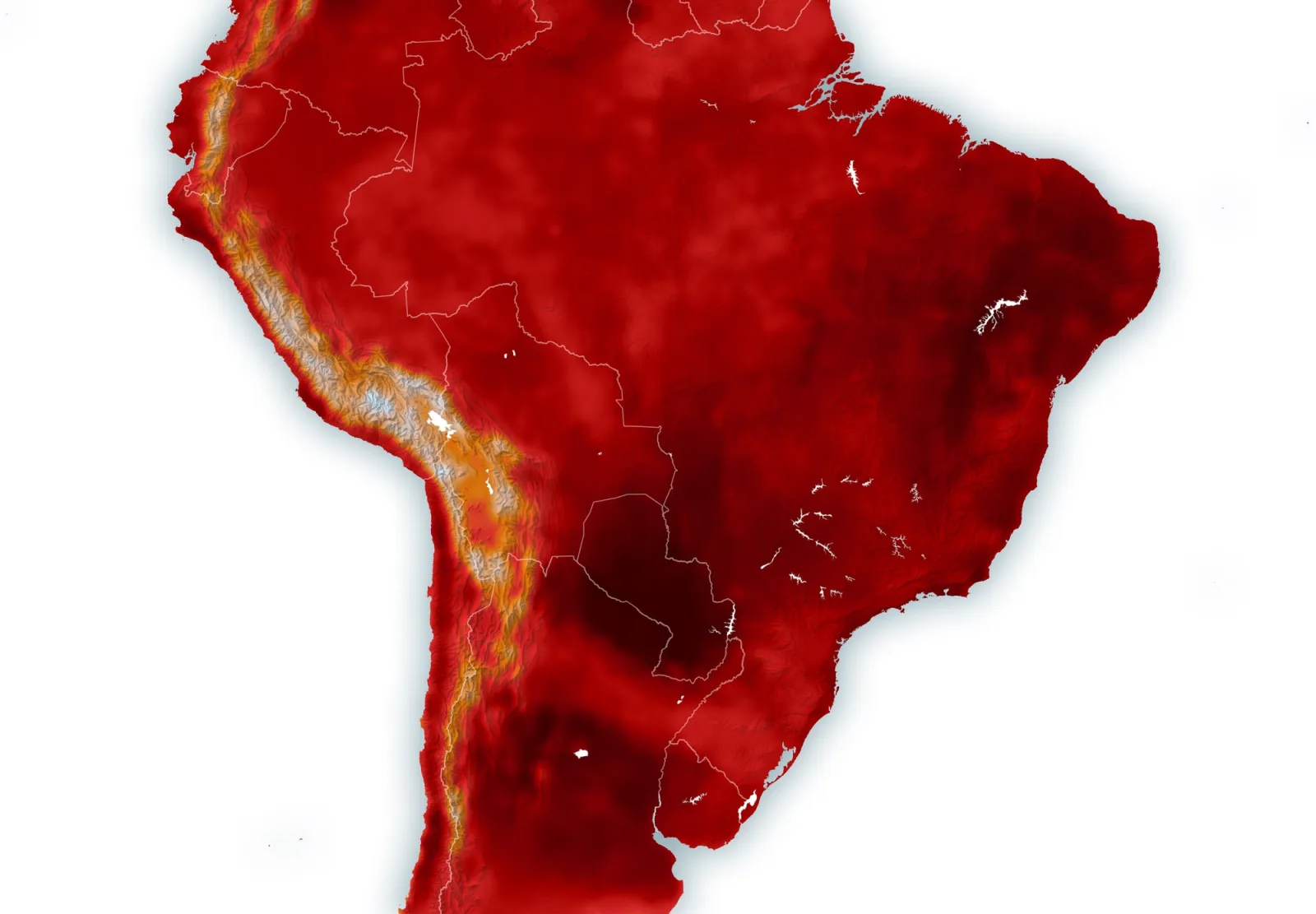 Imagem de satélite da NASA mostrando onda de calor no verão sul-americano