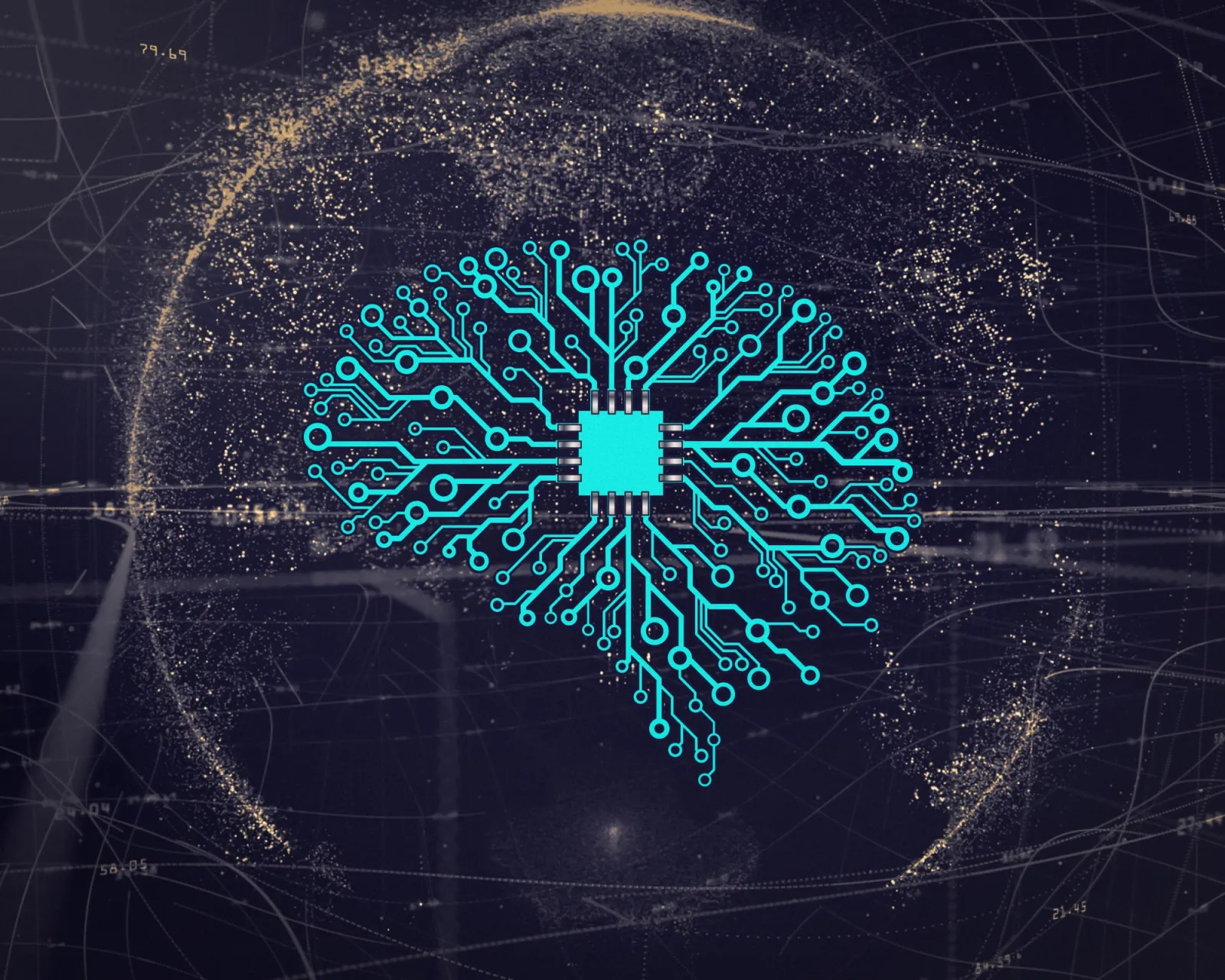 Ilustração de uma rede neural artificial com um chip